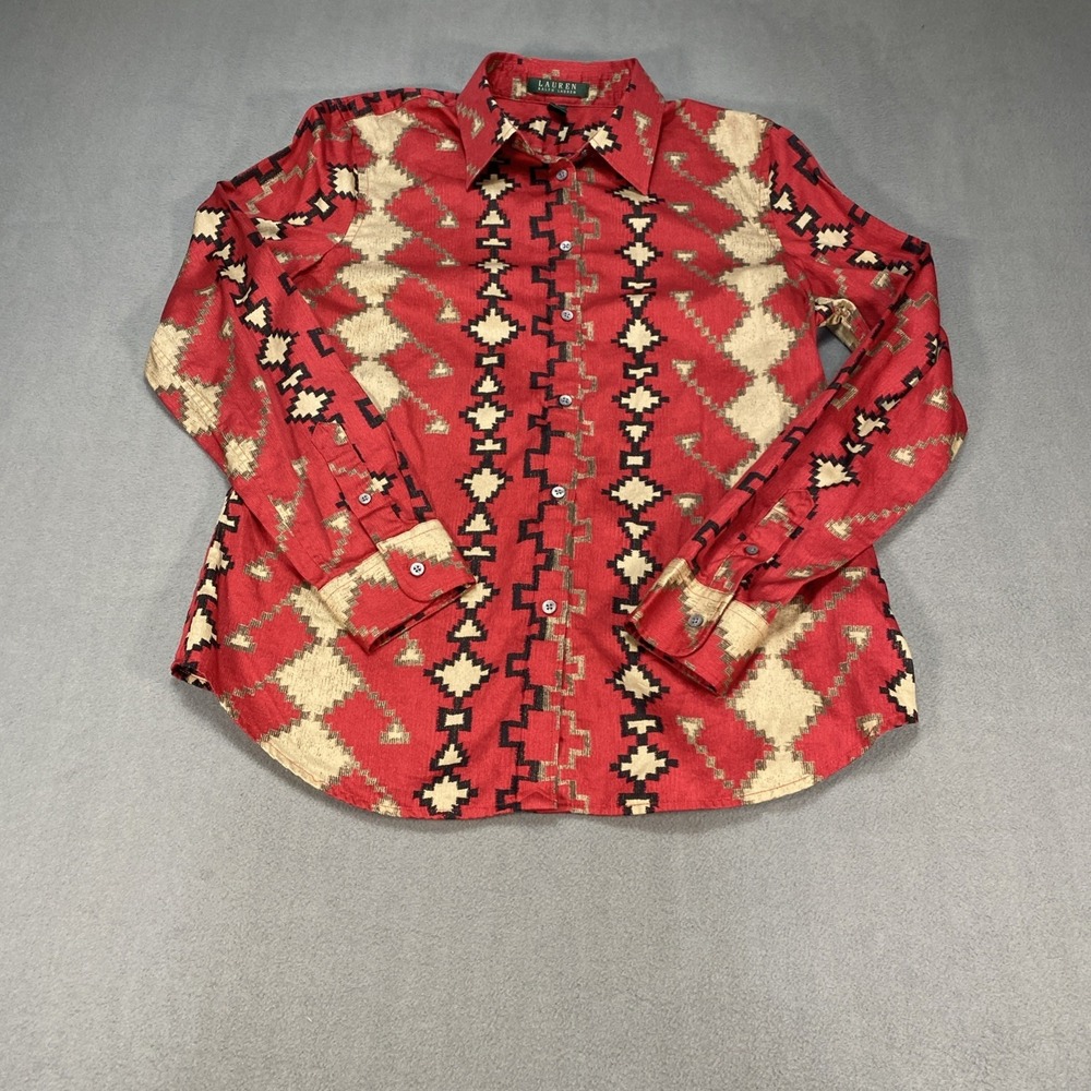 Ralph Lauren Women's Large Button Down Shirt Aztec Red Tan Cotton Western